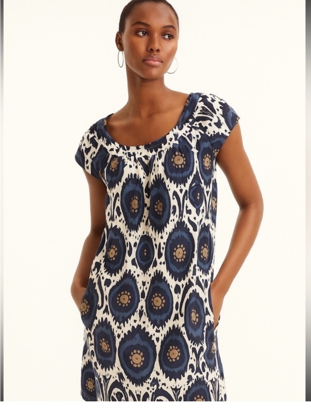 J. Crew Size 8 Ikat Print Dress Navy Beige 100% Cotton Lined Pockets Sheath EUC